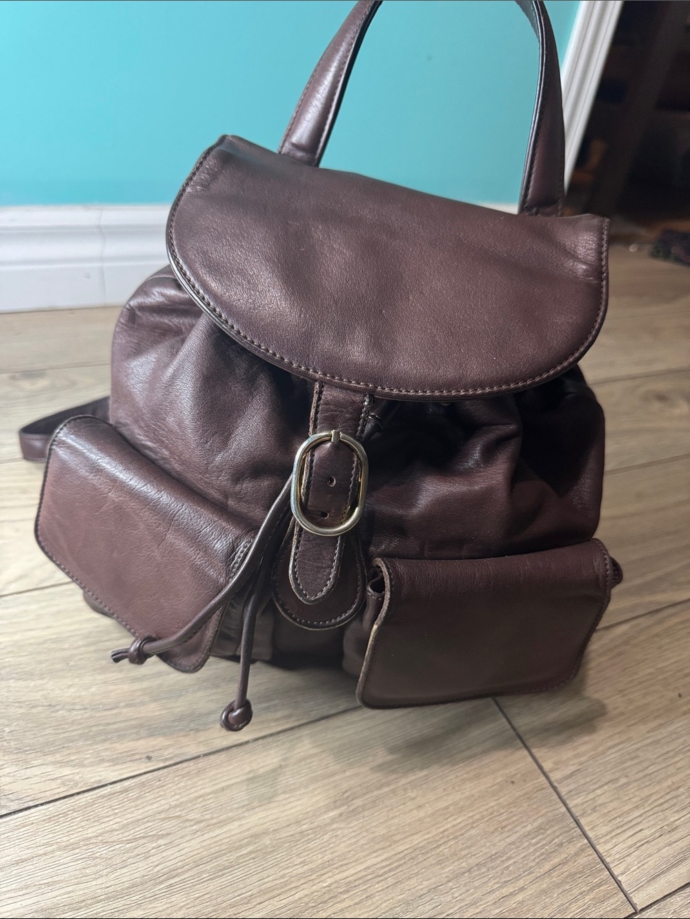 Holt Renfrew Brown Leather Drawstring Backpack